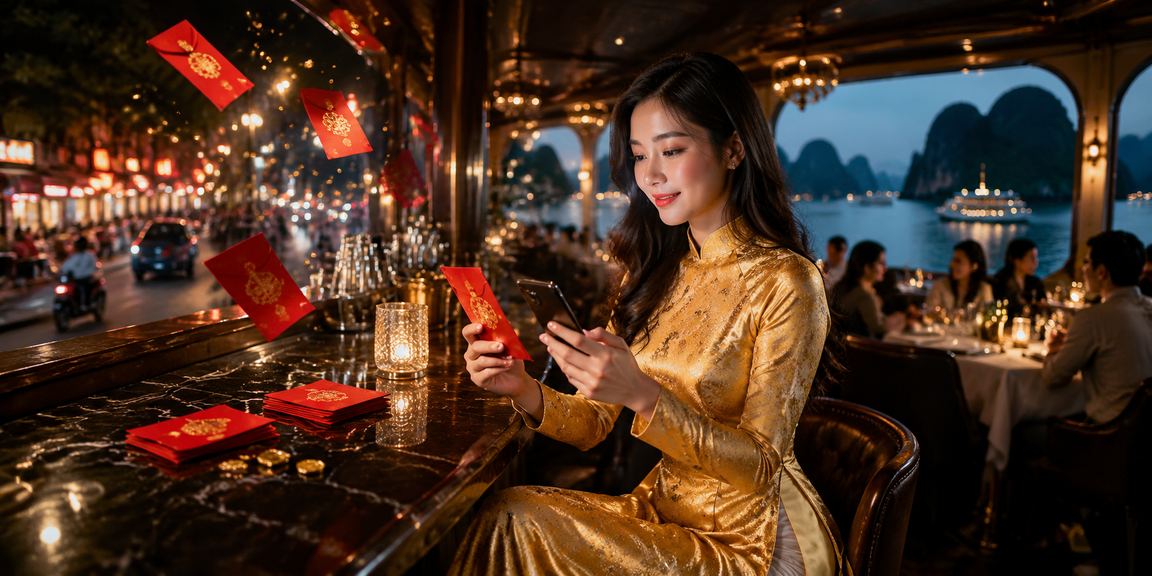 Vịnh Hạ Long và phong bao đỏ gợi lưu ý đọc ưu đãi trong đánh giá